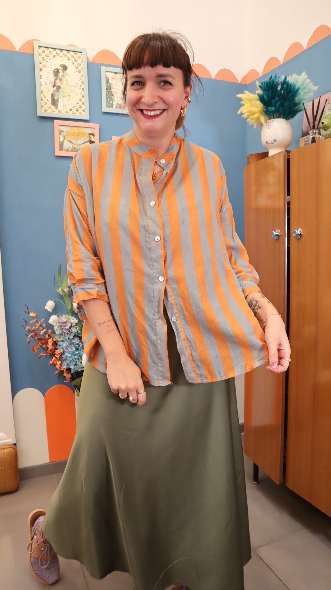 Camicia RIGHE COT. GRIGIO/arancione