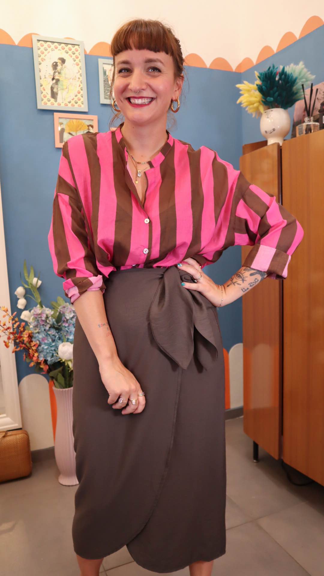 Camicia RIGHE COT. marrone/pink